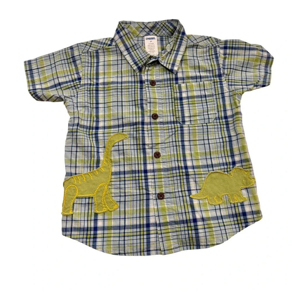 2006 Gymboree Boys Blue Green Plaid Dinosaur Applique Button Down Shirt 2T VTG